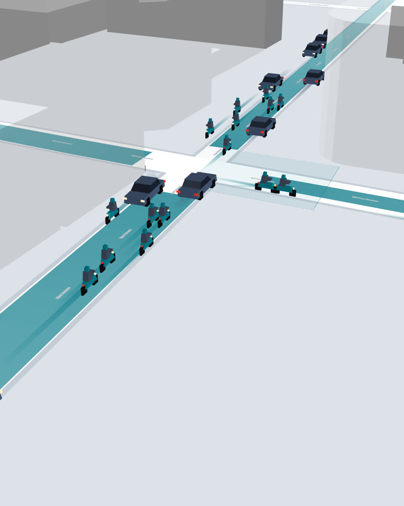 3D view of motorcycles and cars at the Quezon – Rizal intersection